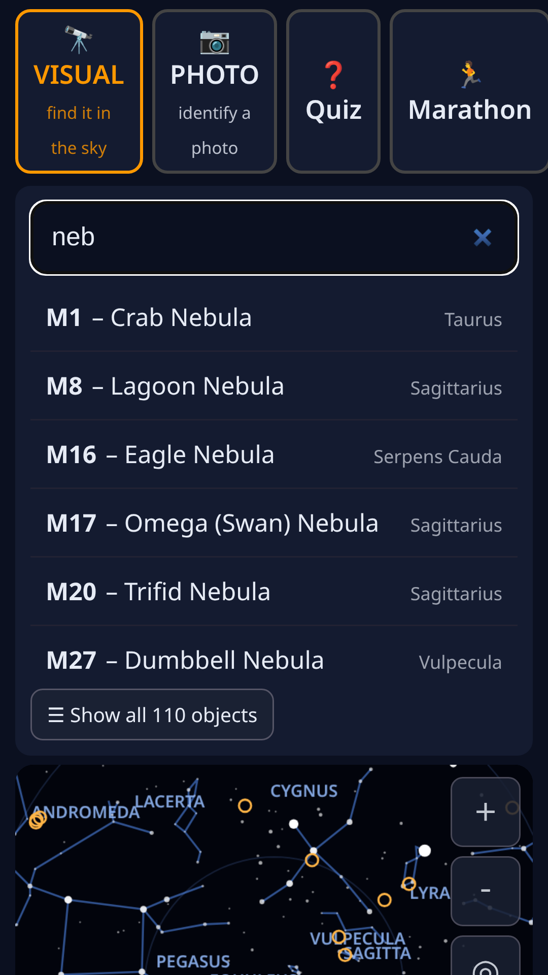 MessierGenius screenshot: Search all 110