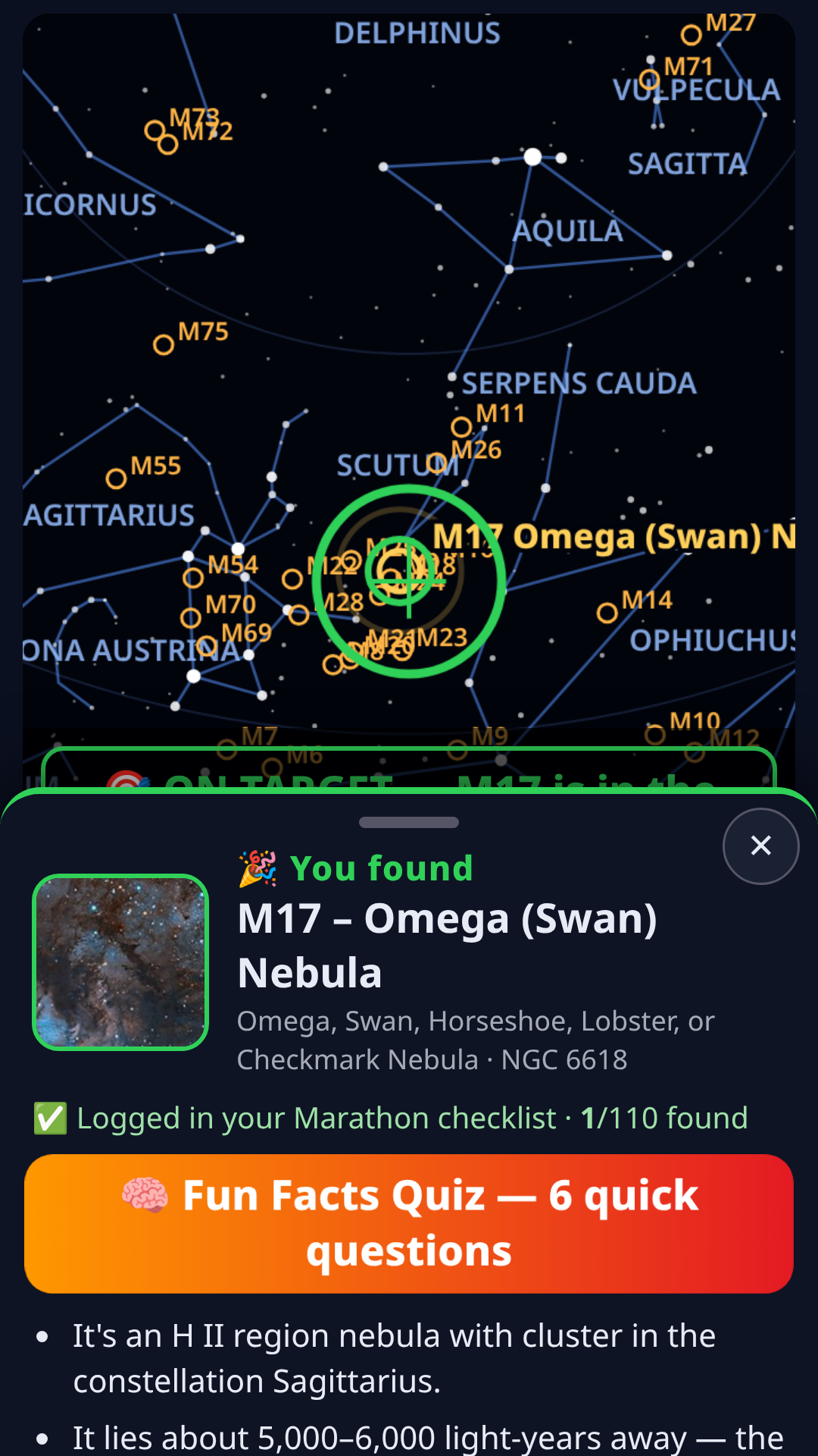 MessierGenius screenshot: "You found it!" cards