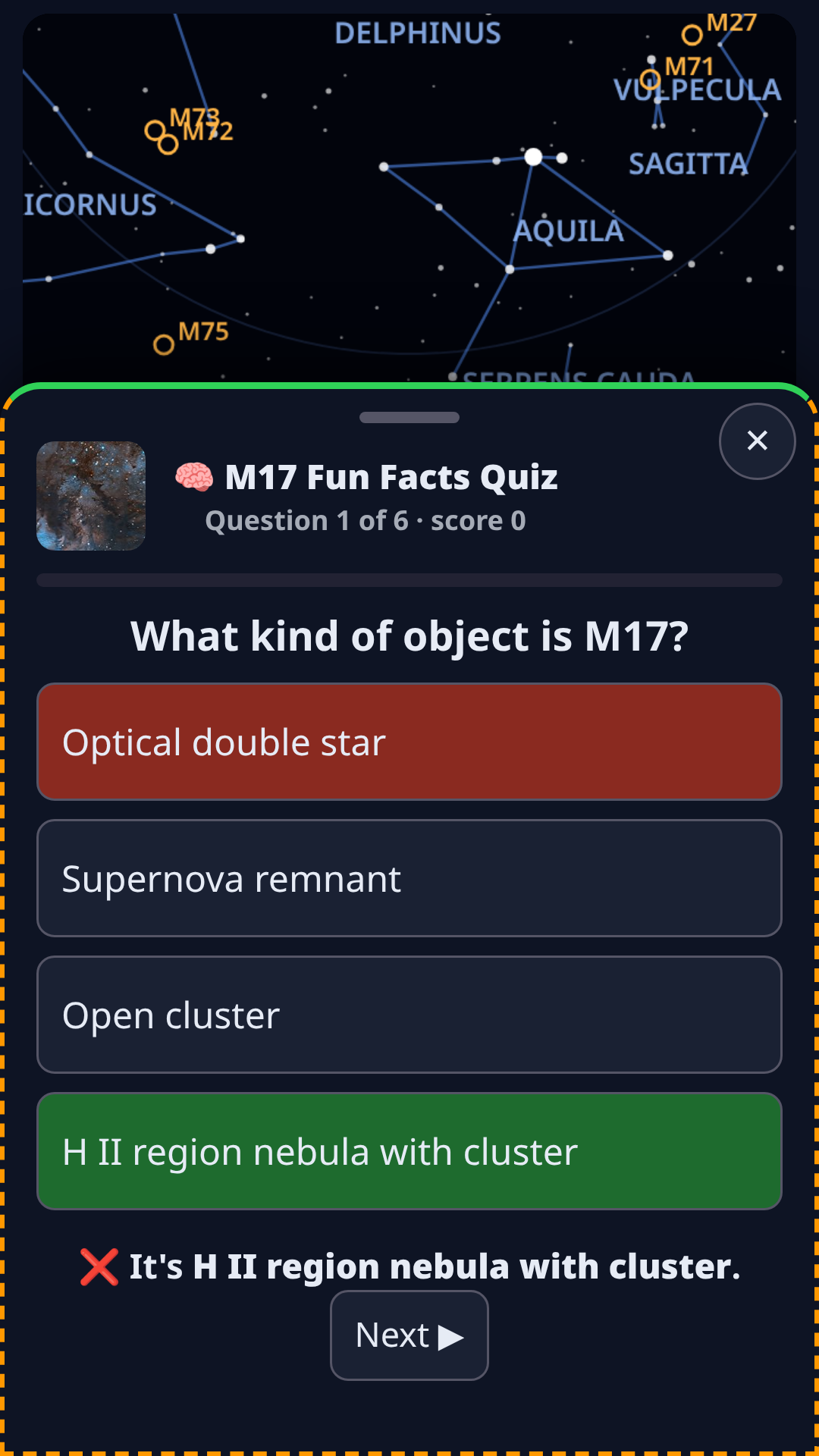 MessierGenius screenshot: Fun-fact quizzes