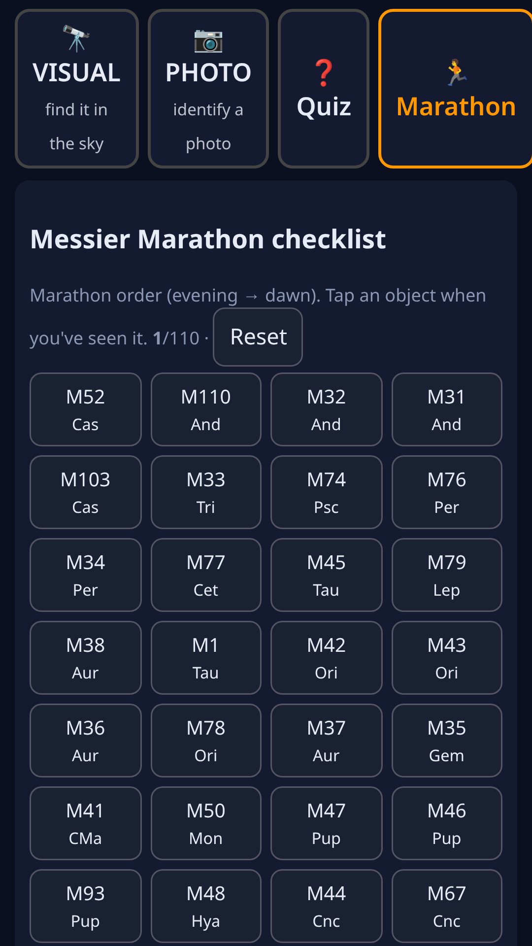 MessierGenius screenshot: Marathon checklist